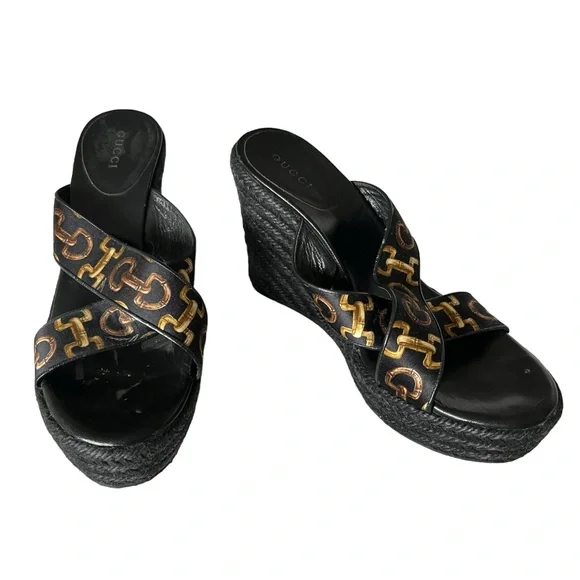 GUCCI WEDGE ESPADRILLE SHOES SLIDES LOGO 6.5